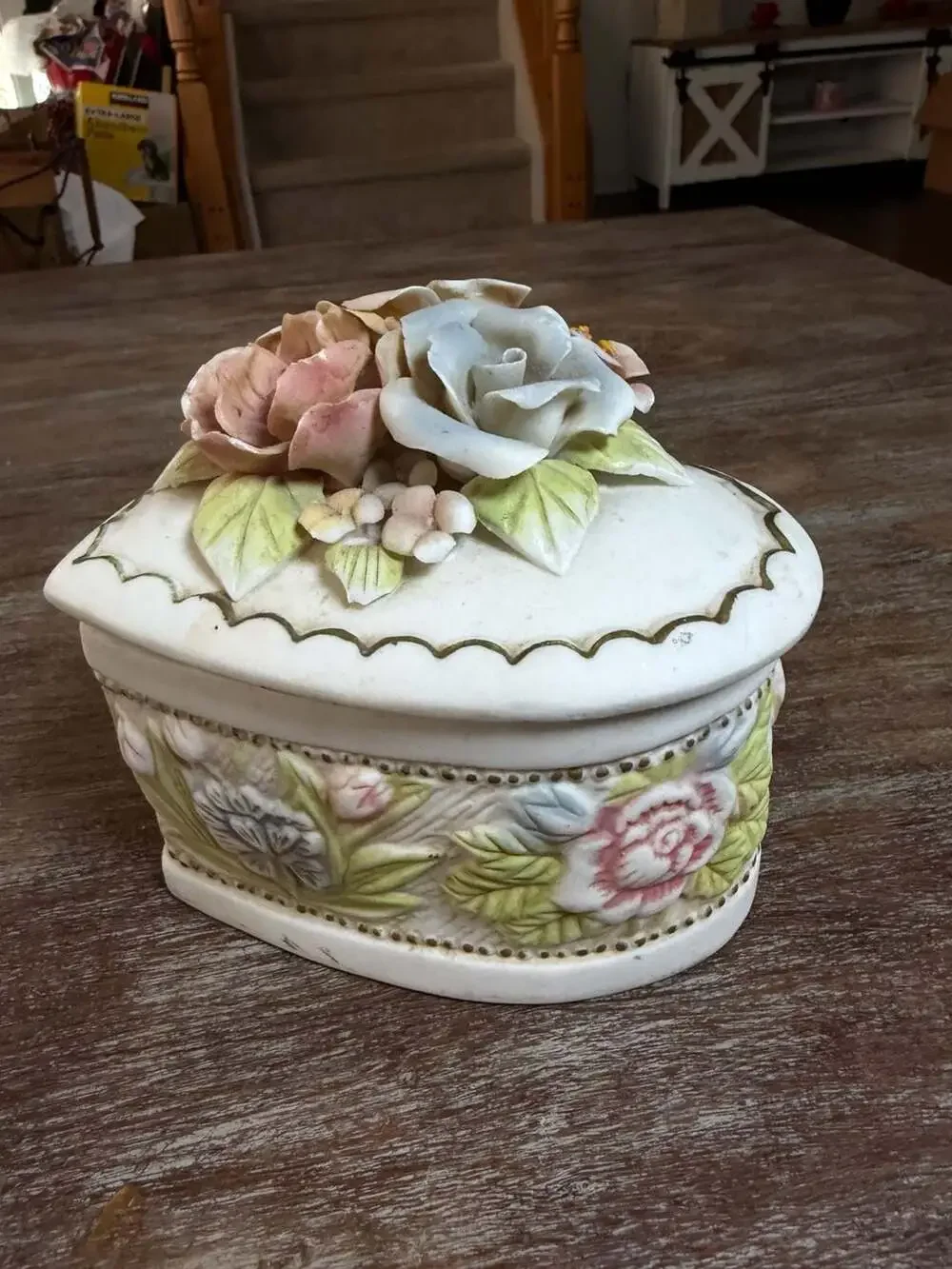 Vintage Porcelain Heart-Shaped Trinket Box with Applied Floral Bouquet